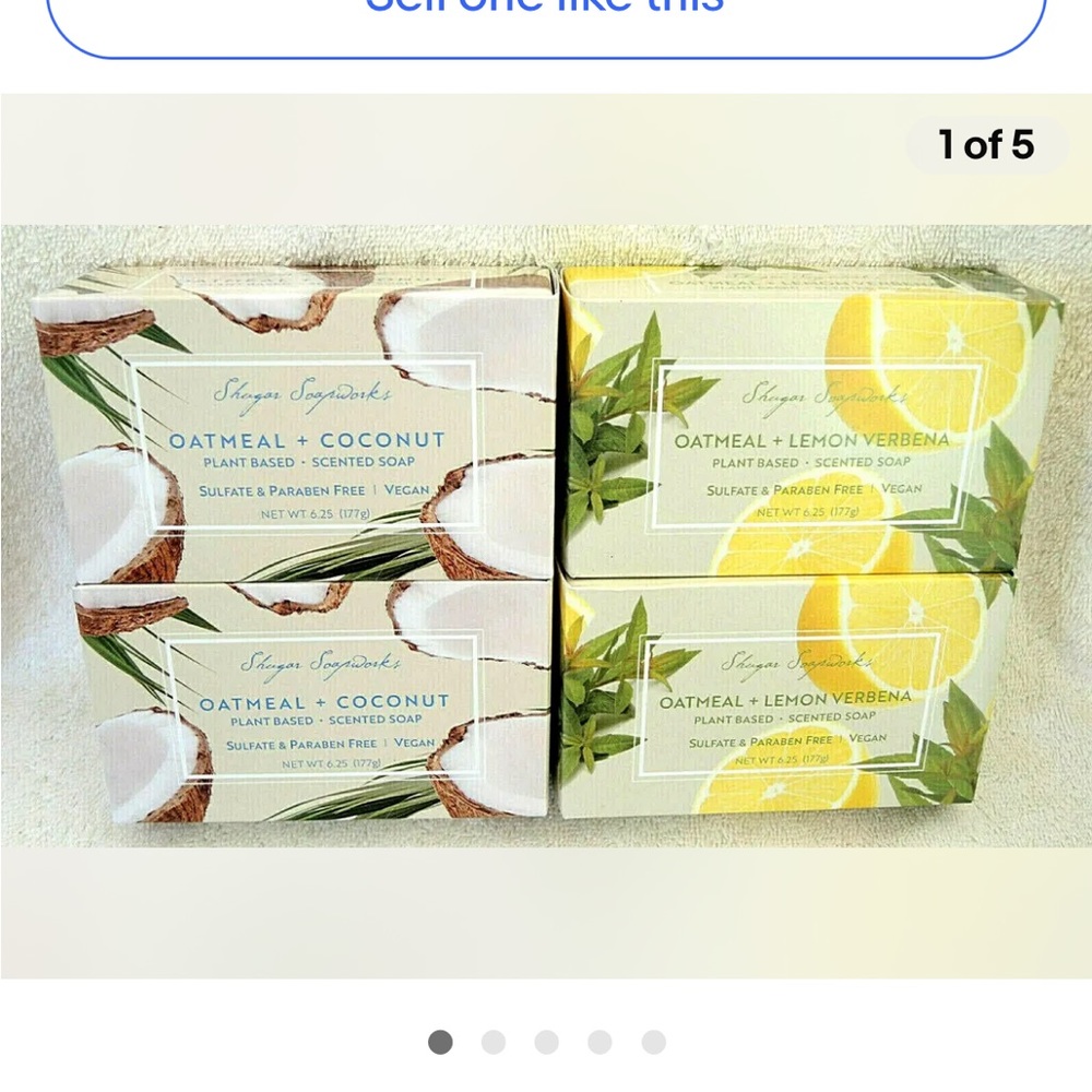 Shugar Soap Works (2)Oatmeal Coconut + (2)Lemon Verbena Plant Base Body Bar Soap